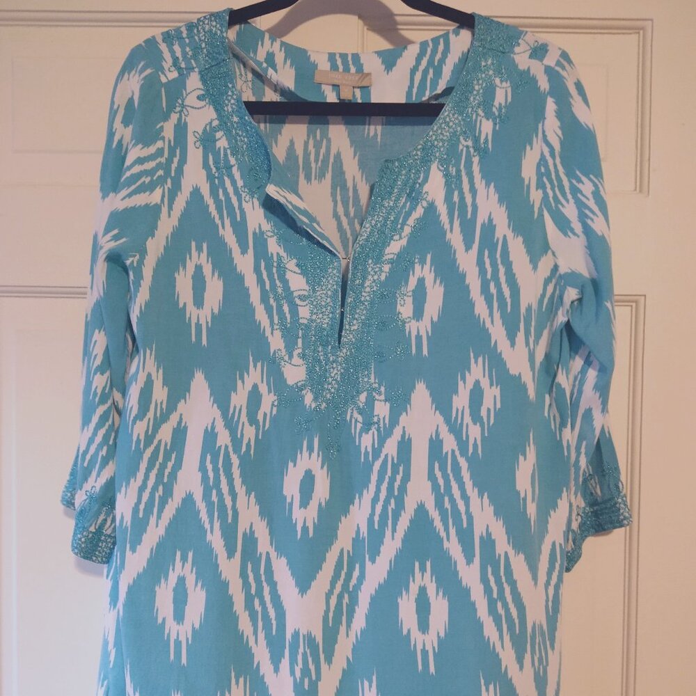Joan Vass New York Aqua Blue Tunic Shirt, Embroidered, Ikat, Viscose, Size Small